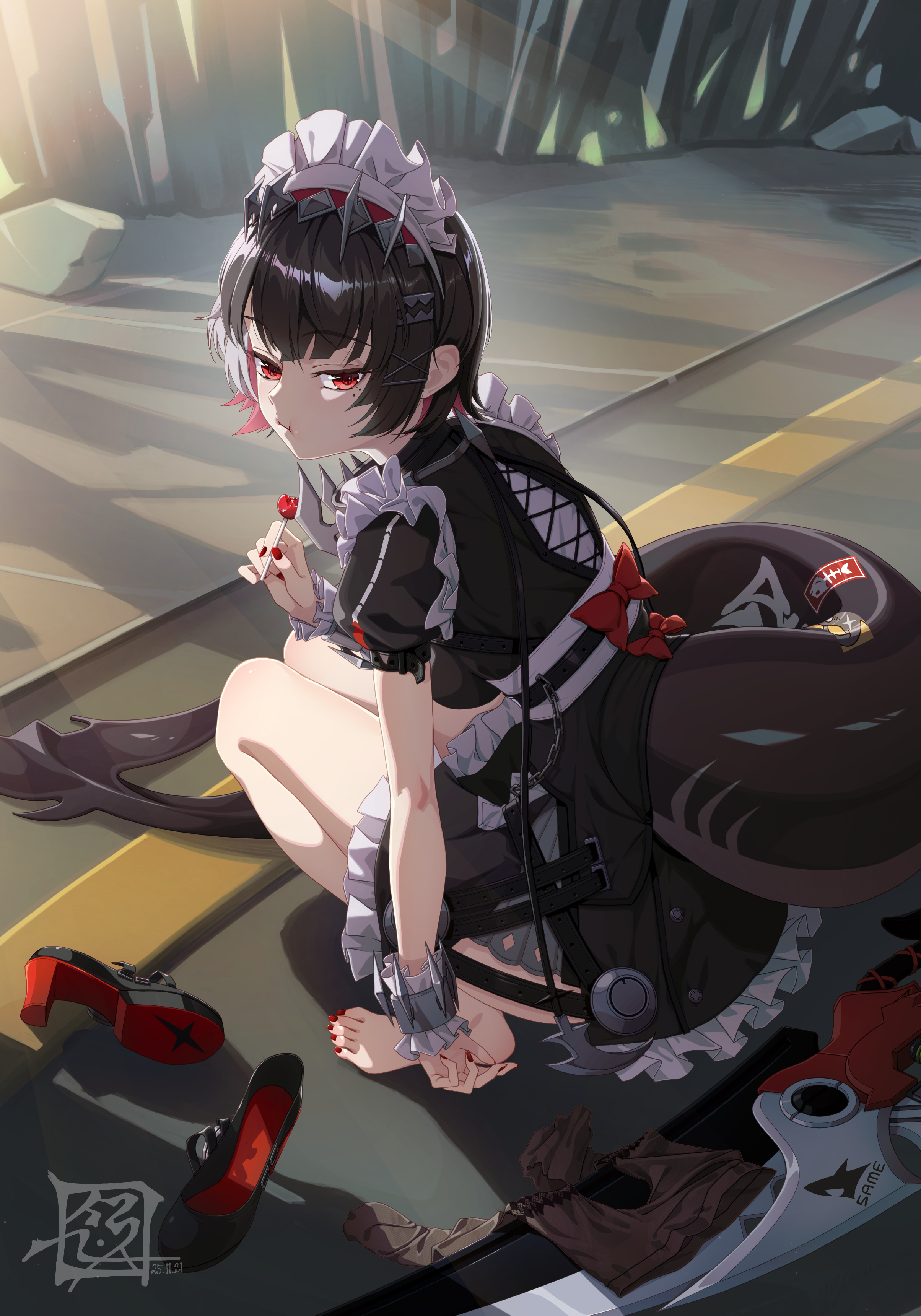 suryua, ellen joe, zenless zone zero, absurdres, commentary request, highres, 1girl, artist logo, barefoot, black dress, black hair, breasts, candy, closed mouth, colored inner hair, dress, fins, fish tail, food, frilled wristband, from side, hairband, holding, holding candy, holding food, holding lollipop, logo, lollipop, looking at viewer, looking back, maid headdress, medium breasts, metal hairband, mole, mole under eye, multicolored hair, nail polish, pantyhose, razor blade hair ornament, red eyes, red nails, rock, scar, scar on tail, shadow, shark girl, shark tail, shoes, short hair, solo, spiked headband, squatting, tail, toenail polish, toenails, unworn pantyhose, unworn shoes, weapon