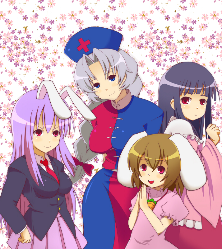 pachi, patiro, houraisan kaguya, inaba tewi, reisen udongein inaba, yagokoro eirin, touhou, silver hair, bad id, bad pixiv id, 4girls, animal ears, black hair, blazer, blue eyes, braid, brown hair, female focus, hat, jacket, long hair, multiple girls, necktie, pleated skirt, purple hair, rabbit ears, red eyes, red necktie, short hair, skirt