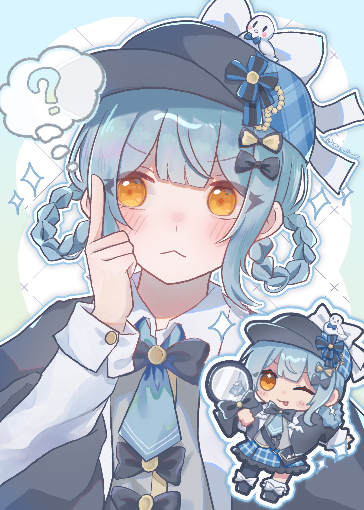 tachibana sherry, mahou shoujo no majo saiban, commentary request, highres, 1girl, :<, ?, black capelet, black hat, blue hair, blue neckerchief, bow, braid, braided hair rings, capelet, chibi, chibi inset, closed mouth, deerstalker, detective, hair bow, hair rings, hand up, hat, holding, holding magnifying glass, index finger raised, ki (ki n x n), long sleeves, looking at viewer, magnifying glass, neckerchief, one eye closed, outline, short hair, sparkle, speech bubble, spoken question mark, thought bubble, white outline, yellow eyes