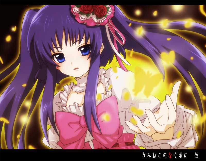 uka (color noise), furudo erika, umineko no naku koro ni, bad id, bad pixiv id, 00s, 1girl, blue eyes, bow, bug, butterfly, female focus, insect, pink bow, purple hair, solo