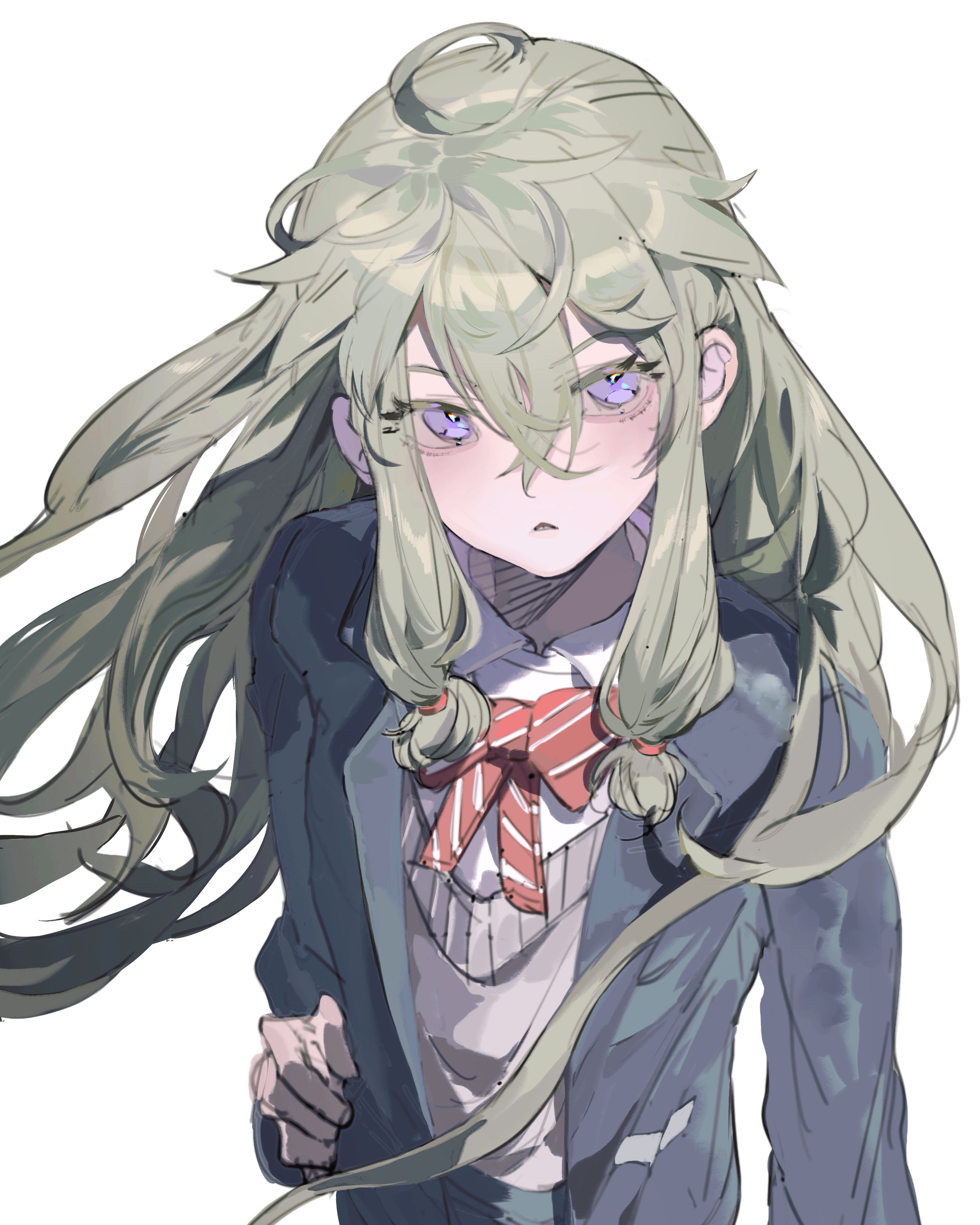 kusanagi nene, project sekai, absurdres, highres, 1girl, aegyo sal, ahoge, arm at side, blazer, blue jacket, blush, bow, bowtie, collared shirt, crossed bangs, diagonal-striped bow, diagonal-striped bowtie, diagonal-striped clothes, floating hair, green hair, grey sweater, hair between eyes, hand on own hip, jacket, jordileonie, kamiyama high school uniform (project sekai), lapels, long hair, long sidelocks, long sleeves, looking at viewer, low-tied sidelocks, notched lapels, open clothes, open jacket, purple eyes, red bow, red bowtie, school uniform, shirt, sidelocks, simple background, solo, striped bow, striped bowtie, striped clothes, sweater, upper body, v-neck, white background, white shirt, wind