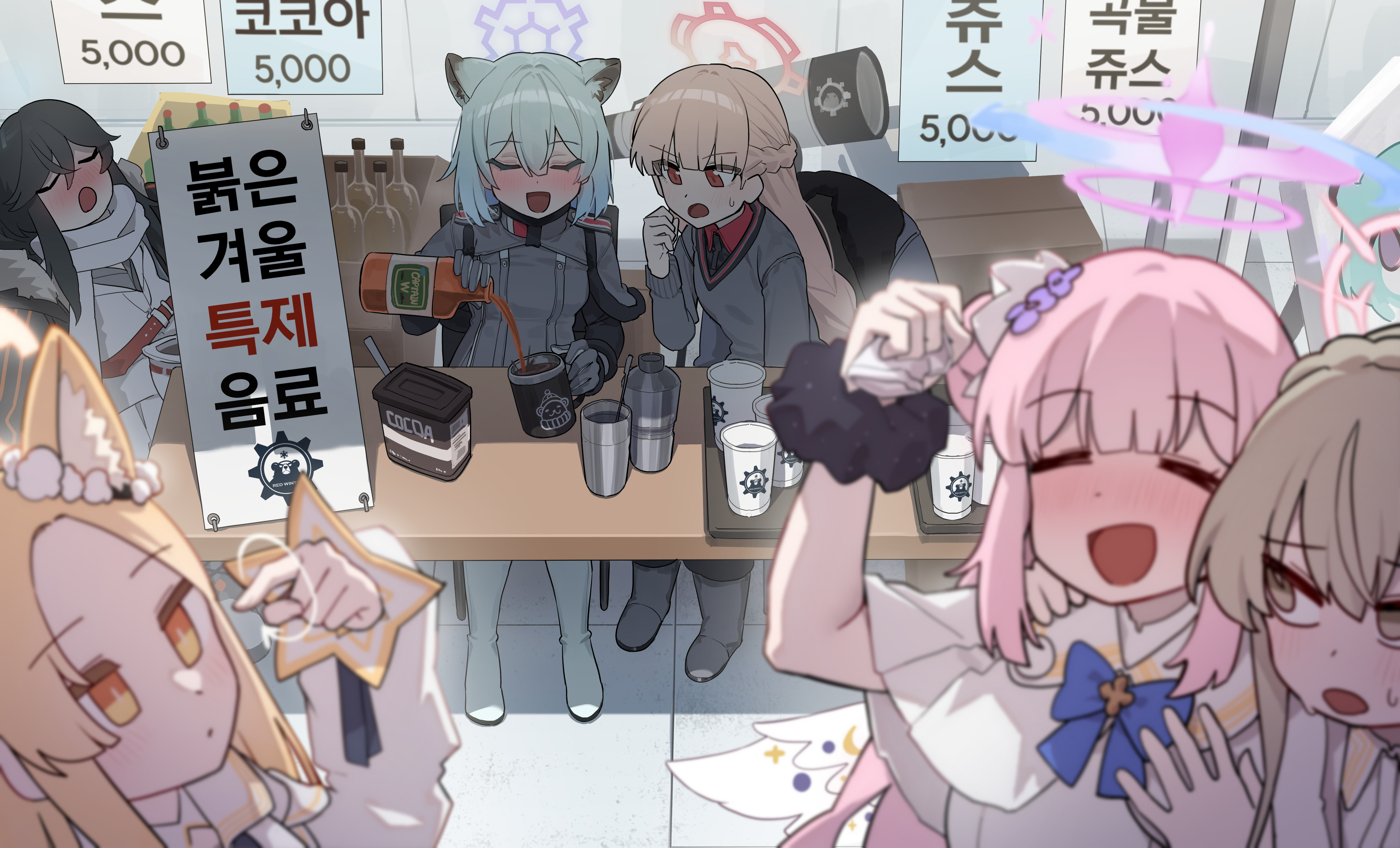 kokukyukeo, mika (blue archive), minori (blue archive), nagisa (blue archive), nodoka (blue archive), seia (blue archive), shigure (blue archive), blue archive, absurdres, commentary request, highres, korean commentary, 6+girls, animal ears, aqua hair, black hair, black scrunchie, blonde hair, blue bow, blush, boots, bottle, bow, braid, capelet, clenched hand, closed eyes, closed mouth, dress, drunk, flower, forehead, fox ears, fox girl, grey boots, grey jacket, hair between eyes, hair flower, hair ornament, hair scrunchie, half up braid, halo, holding, holding bottle, jacket, long hair, multiple girls, open mouth, pink hair, purple flower, purple halo, red eyes, red halo, red shirt, scarf, scrunchie, shirt, short hair, sleeping, sweatdrop, tea party (blue archive), weasel ears, weasel girl, white boots, white capelet, white dress, white jacket, white scarf, white scrunchie, wrist scrunchie, yellow eyes