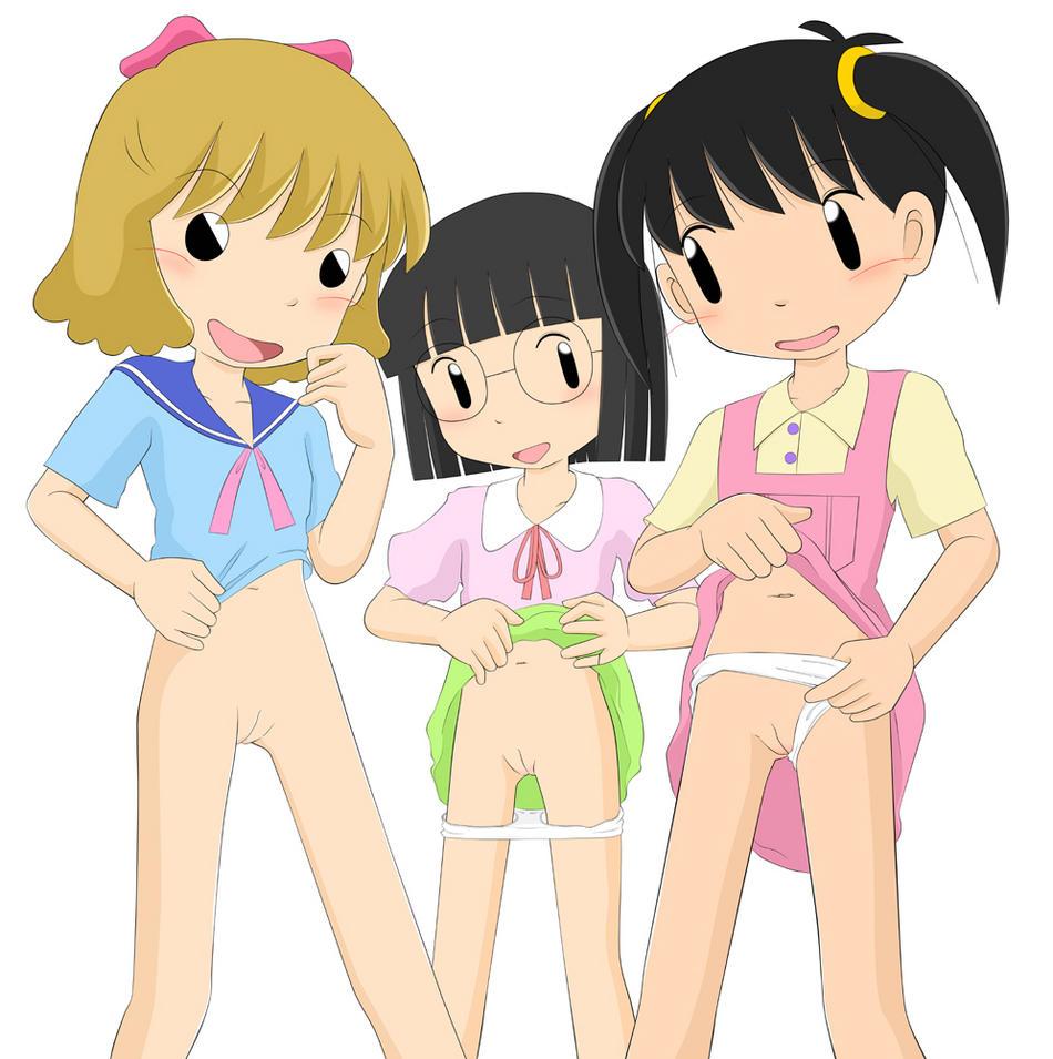 funan, kaoru (azuki-chan), noyama azusa, tomo (azuki-chan), azuki-chan, 3girls, blush, bottomless, cleft of venus, clothes lift, clothing aside, glasses, loli, multiple girls, no panties, panties, panties aside, panty pull, pussy, skirt, skirt lift, smile, thigh gap, underwear