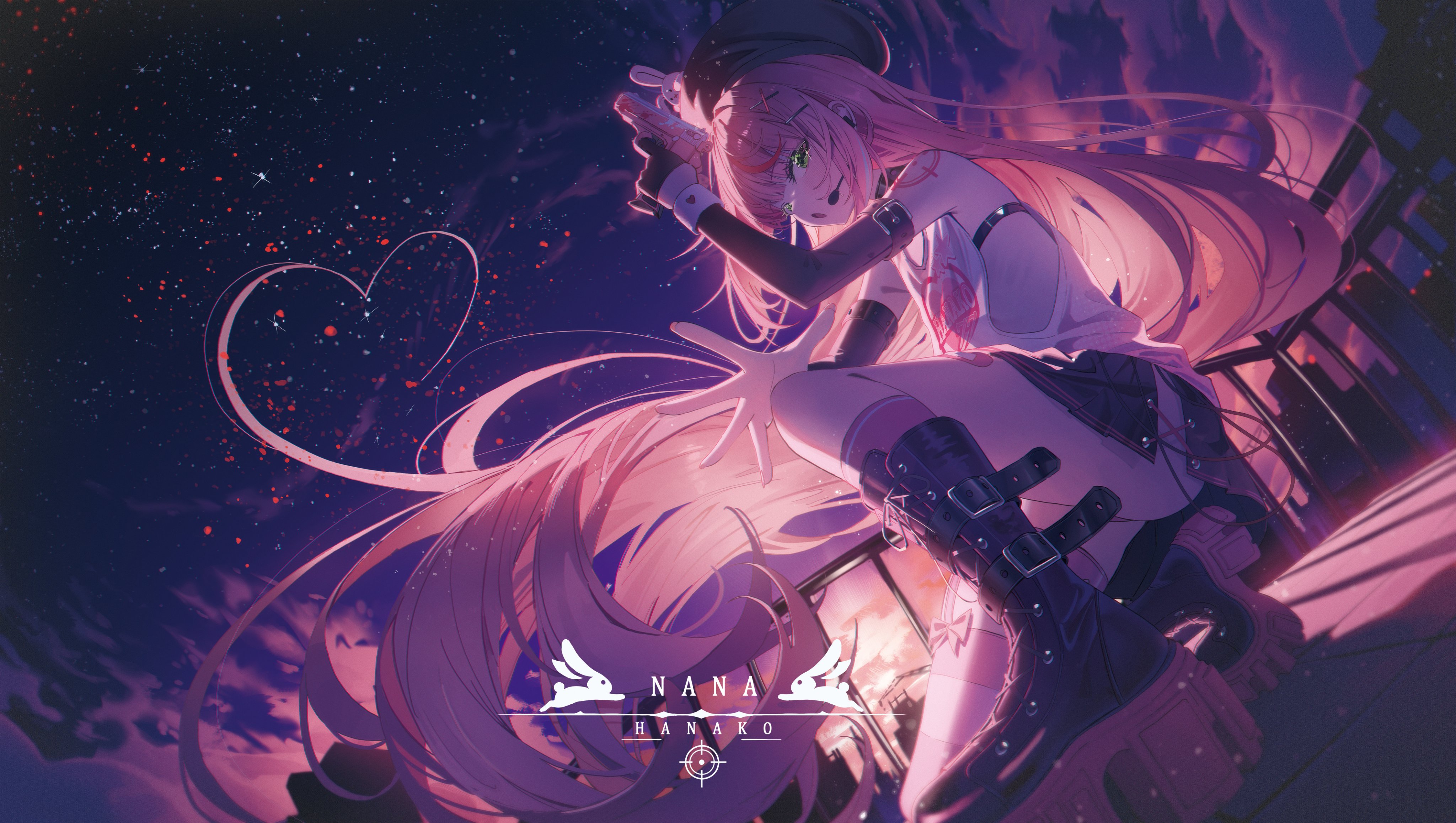 mirrorapo yemp, hanako nana, peto (hanako nana), stellive, absurdres, hashtag-only commentary, highres, 1girl, absurdly long hair, arm belt, belt, belt buckle, black belt, black boots, black hat, black skirt, black sleeves, blue sky, boots, buckle, character hat ornament, character name, cross-laced clothes, cross-laced skirt, detached sleeves, floating hair, from side, full body, green eyes, gun, hair ornament, hairclip, hand up, handgun, hat, hat ornament, headset, holding, holding gun, holding weapon, long hair, long sleeves, looking at viewer, looking to the side, miniskirt, night, on ground, on one knee, open mouth, outdoors, pink hair, pink socks, platform boots, pleated skirt, print tank top, shoulder tattoo, sideways glance, skirt, sky, socks, solo, star (sky), starry sky, swimsuit, tank top, tattoo, very long hair, virtual youtuber, weapon, white tank top, x hair ornament