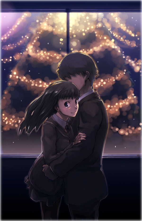 jiji (wander plug), ayatsuji tsukasa, tachibana jun'ichi, amagami, 1boy, 1girl, christmas, christmas tree, couple, hetero, hug, school uniform