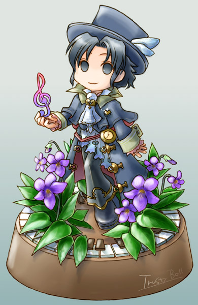 fuju, frederic chopin (trusty bell), trusty bell, 1boy, chibi, flower, full body, gradient background, hat, male focus, musical note, plant, solo, violet (flower)