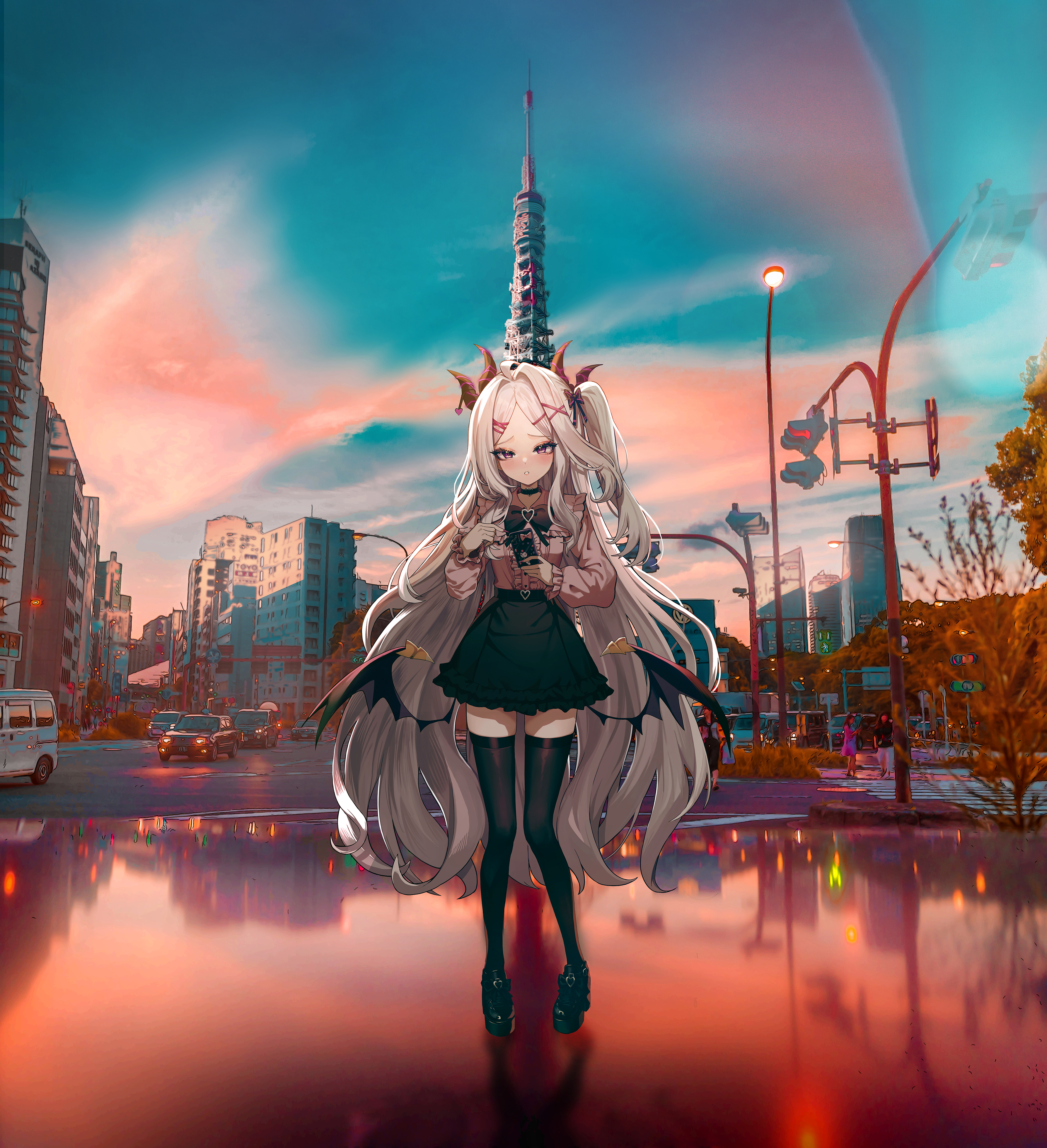 gwinggwing, hina (blue archive), blue archive, absurdres, highres, 1girl, alternate costume, alternate hairstyle, black bow, black shoes, black skirt, black thighhighs, bow, building, car, cellphone, cityscape, demon girl, demon horns, demon wings, forehead, frilled shirt, frills, high-waist skirt, holding, holding phone, horns, jirai kei, long hair, looking at viewer, motor vehicle, one side up, phone, pink shirt, shirt, shoes, skirt, smartphone, solo, thighhighs, wings, zettai ryouiki