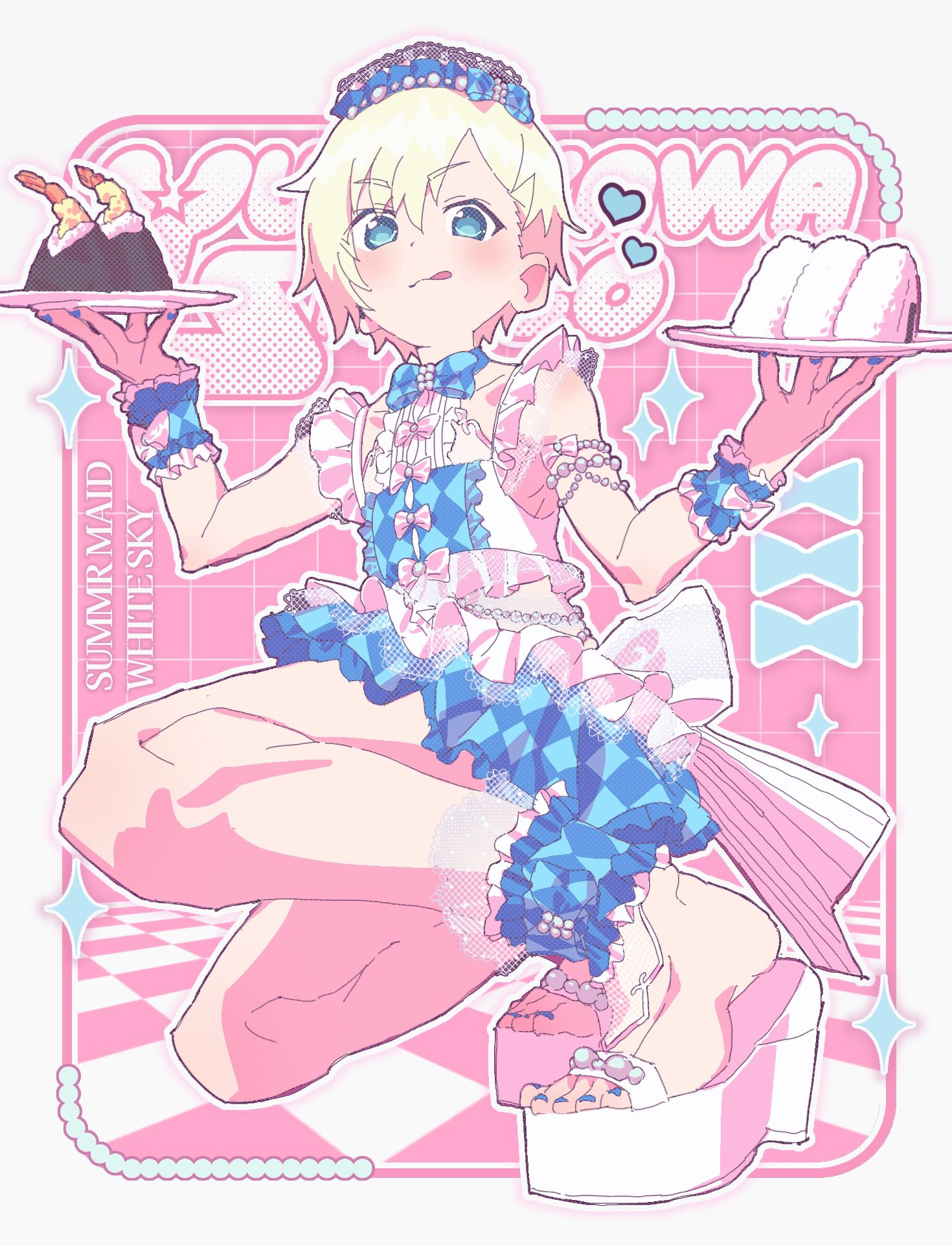 yumekawa shogo, idol time pripara, pretty series, pripara, commentary request, highres, 1boy, alternate costume, bikini, blonde hair, blue eyes, blue nails, bow, bow choker, center frills, character name, choker, closed mouth, crossdressing, crossdressing (mtf), enmaided, food, frilled cuffs, frilled skirt, frilled wrist cuffs, frills, full body, holding, holding plate, idol clothes, looking at viewer, maid, maid bikini, maid headdress, male focus, male maid, nail polish, onigiri, plate, rariru (kanimiso p), sandals, short hair, skirt, smile, solo, summer maid coord, swimsuit, toenail polish, toenails, tongue, tongue out, unconventional maid, wrist cuffs