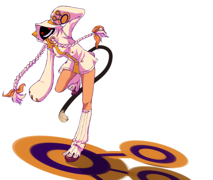 mezard, taokaka, arc system works, blazblue, bad id, bad pixiv id, animal ears, animal hood, blonde hair, braid, cat hood, dark-skinned female, dark skin, hair ribbon, hood, hoodie, long hair, red eyes, ribbon, smile, solo, tail