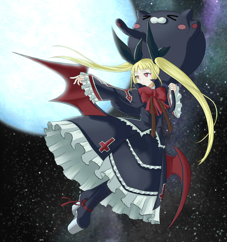 yoshi kita, nago, rachel alucard, arc system works, blazblue, bad id, bad pixiv id, 1girl, blonde hair, cat, dress, female focus, frills, gothic lolita, hair ribbon, lolita fashion, long hair, platform shoes, red eyes, ribbon, shoes, solo, thighhighs, twintails, vampire, wings