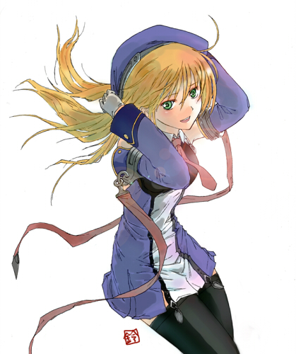 suzumaru, noel vermillion, arc system works, blazblue, bad id, bad pixiv id, lowres, 1girl, blonde hair, detached sleeves, female focus, gloves, green eyes, hat, long hair, necktie, ribbon, simple background, solo, thighhighs, zettai ryouiki