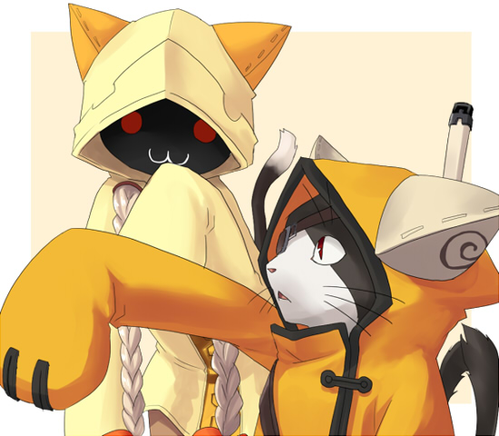 kiyoshi saya, jubei (blazblue), taokaka, arc system works, blazblue, bad id, bad pixiv id, 1boy, 1girl, :3, animal ears, blonde hair, cat, dark skin, eyepatch, long hair, red eyes, tail