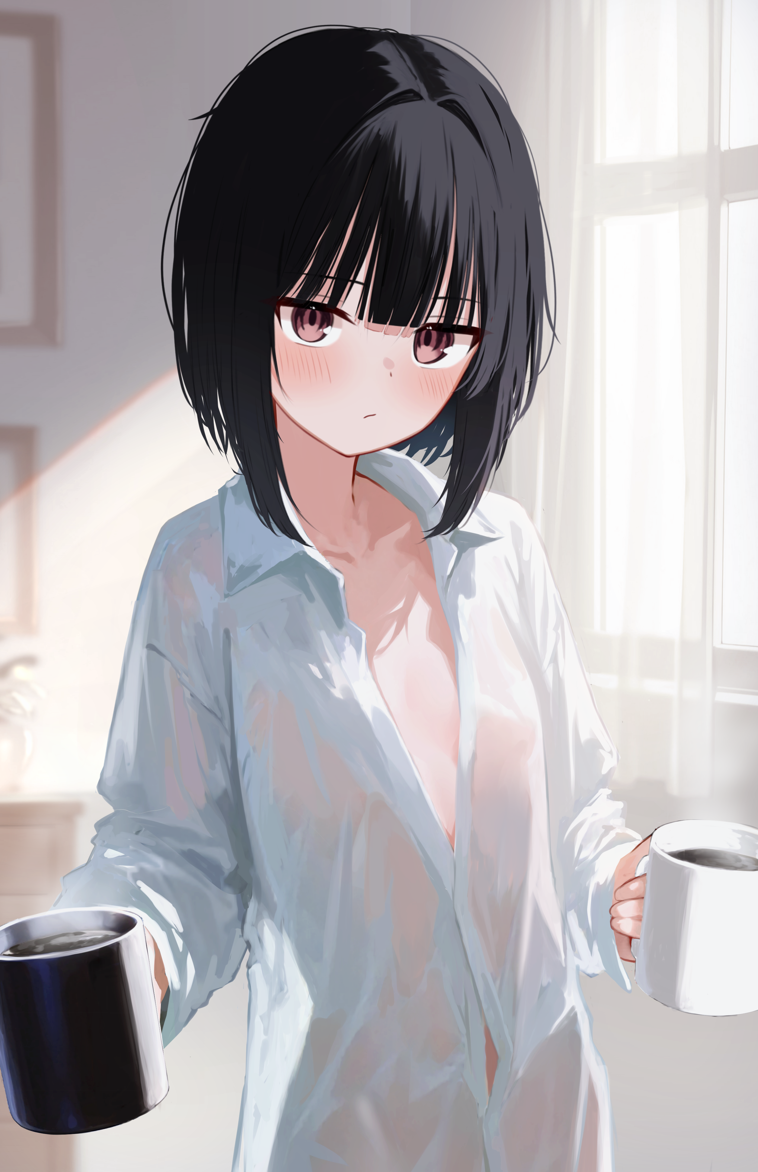 memekko, bob cut girl (memekko), original, absurdres, commentary request, highres, paid reward available, 1girl, black hair, blurry, blurry background, blush, bob cut, closed mouth, collarbone, cowboy shot, cup, curtains, flat chest, holding, holding cup, indoors, inverted bob, jitome, looking at viewer, mug, portrait (object), see-through clothes, see-through shirt, see-through silhouette, shirt, sidelighting, solo, standing, steam, sunlight, white shirt, window