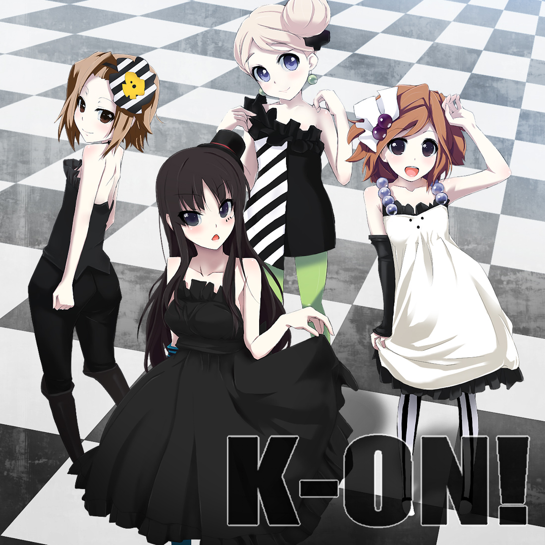 grune, akiyama mio, hirasawa yui, kotobuki tsumugi, nakano azusa, tainaka ritsu, don't say "lazy", k-on!, striped legwear, vertical-striped legwear, 00s, 4girls, blue pantyhose, green pantyhose, hair bun, hat, ho-kago tea time, mini hat, mini top hat, multiple girls, pantyhose, single hair bun, striped clothes, striped pantyhose, top hat, vertical-striped clothes, vertical-striped pantyhose