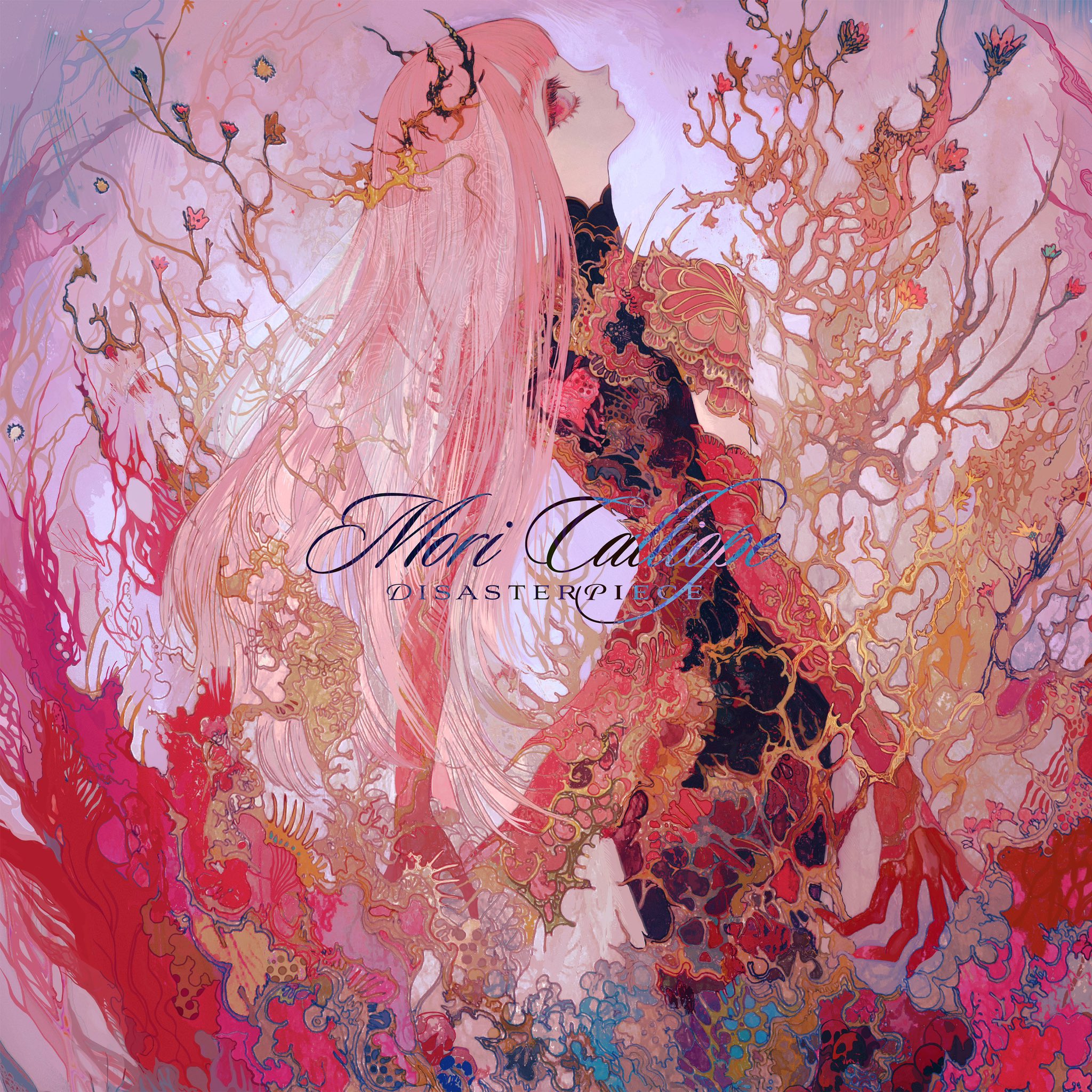 mon (monmon2133), mori calliope, hololive, hololive english, commentary request, highres, official art, 1girl, album cover, album name, character name, cover, crown, from behind, long hair, looking at viewer, pink eyes, pink hair, profile, solo, very long hair, virtual youtuber