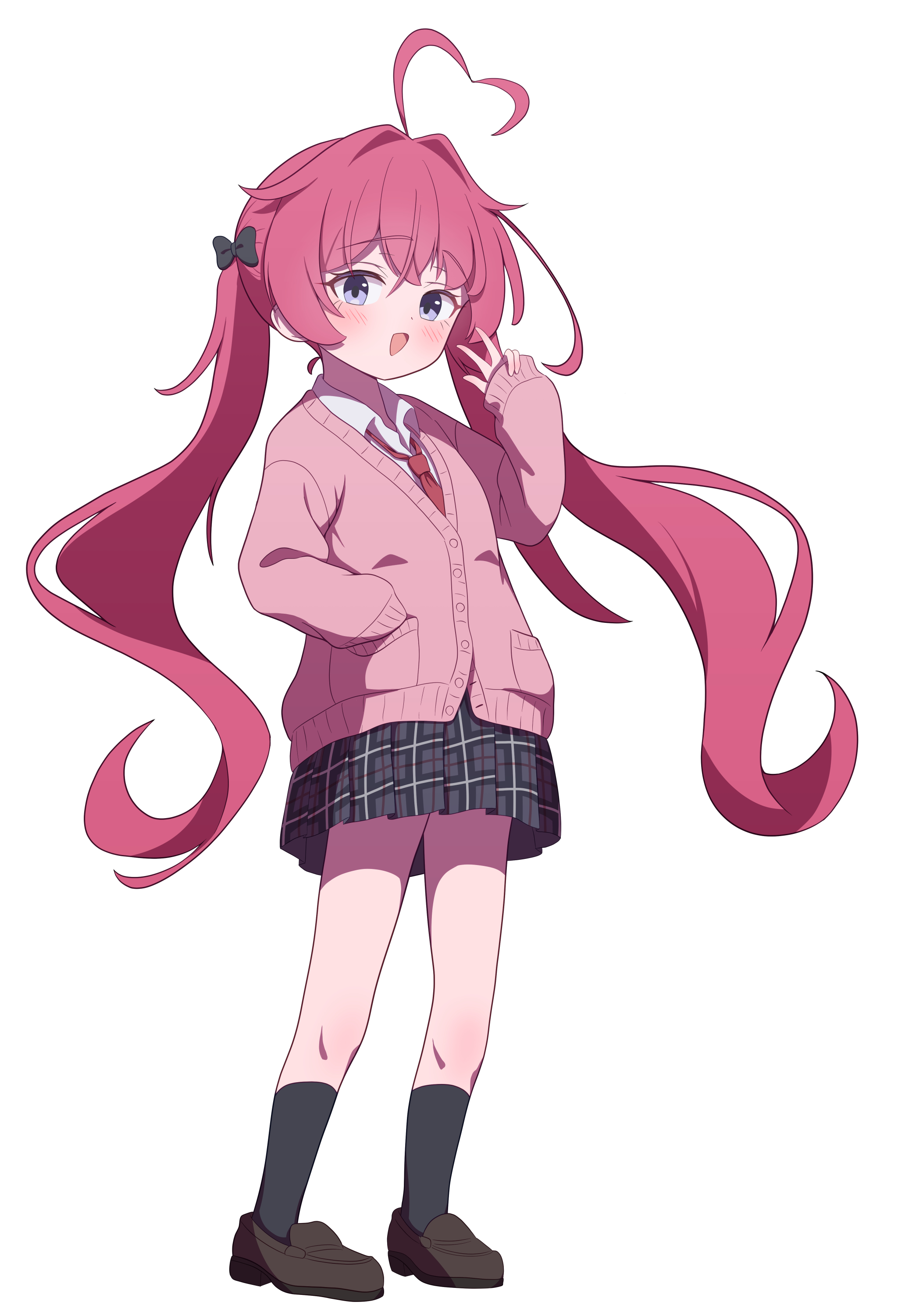 original, absurdres, commentary, highres, 1girl, :d, ahoge, black bow, black skirt, black socks, blush, bow, brown shoes, buttons, cardigan, collared shirt, crossed bangs, double-parted bangs, full body, hair between eyes, hair bow, hand in pocket, hand up, heart, heart ahoge, legs apart, loafers, long hair, long sleeves, looking at viewer, miniskirt, necktie, nyan (float 495), open mouth, pink cardigan, pink hair, plaid clothes, plaid skirt, pleated skirt, purple eyes, red necktie, school uniform, shirt, shoes, simple background, skirt, sleeves past fingers, sleeves past wrists, smile, socks, solo, standing, twintails, v, very long hair, white background, white shirt