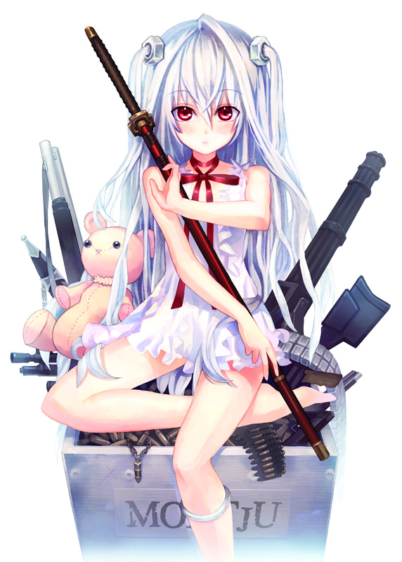 hachi404, bad id, bad pixiv id, barefoot, blush, gun, katana, long hair, red eyes, ribbon, sitting, solo, stuffed animal, stuffed toy, sword, teddy bear, very long hair, weapon, white hair