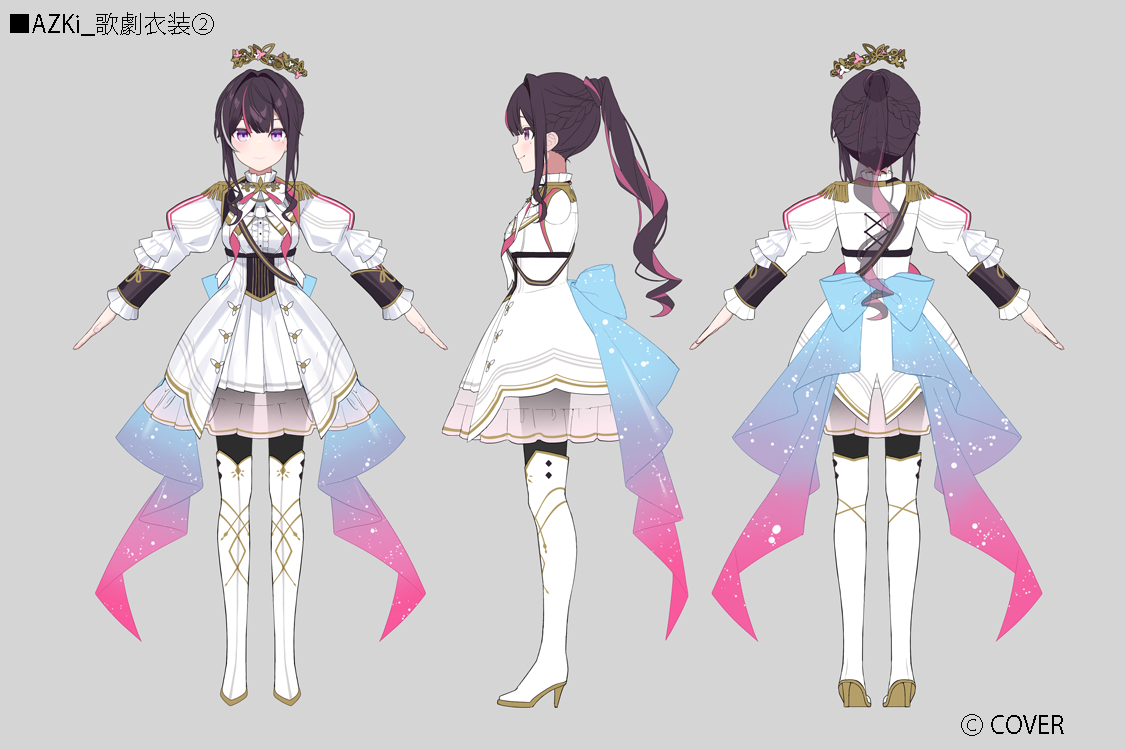 muto (n0sug4r), azki (departure) (hololive), azki (hololive), hololive, bilingual commentary, mixed-language commentary, official art, second-party source, translation request, 1girl, a-pose, back bow, black corset, boots, bow, bowtie, brown hair, center frills, closed mouth, colored inner hair, colored shoe soles, company name, copyright notice, corset, crown, double-parted bangs, dress, floating crown, frilled shirt collar, frills, full body, gold trim, grey background, hair between eyes, hair intakes, high heel boots, high heels, high ponytail, holding, jacket, juliet sleeves, layered skirt, long hair, long sleeves, looking at viewer, miniskirt, mole, mole under eye, multicolored hair, multiple views, official alternate costume, official alternate hairstyle, pink hair, pleated skirt, ponytail, puffy sleeves, purple eyes, reference sheet, see-through skirt layer, shirt, sidelocks, simple background, skirt, straight-on, streaked hair, thigh boots, turnaround, virtual youtuber, white boots, white bow, white bowtie, white dress, white streaks