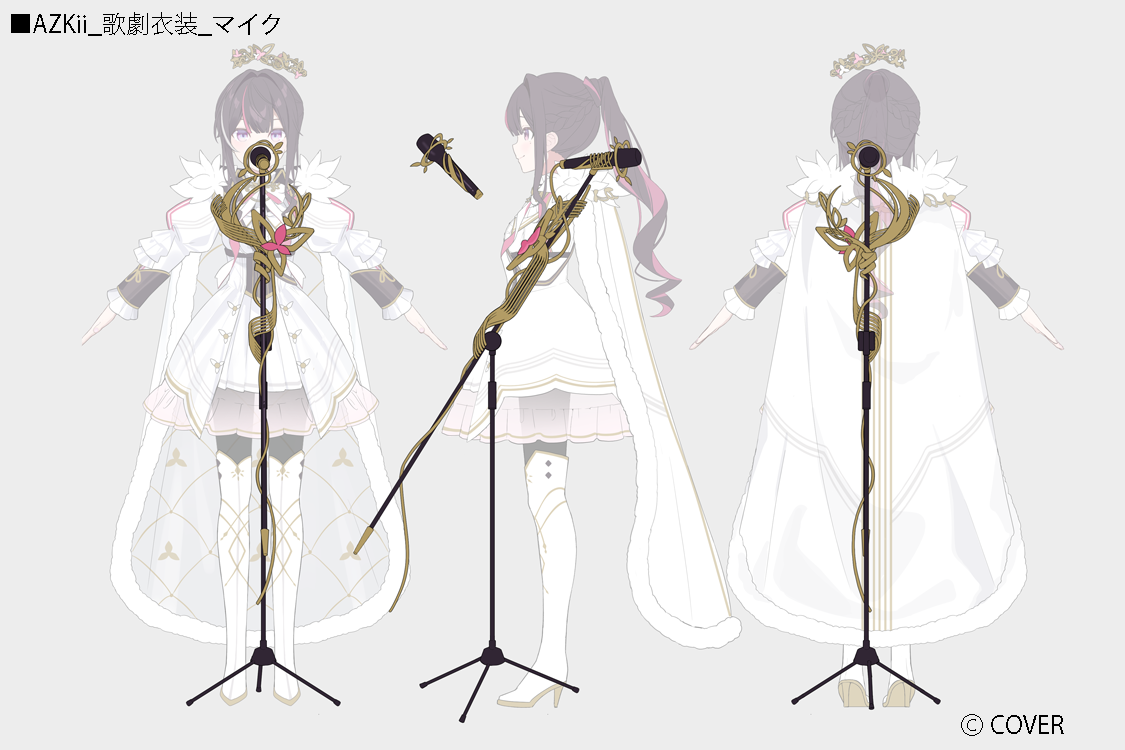 muto (n0sug4r), azki (departure) (hololive), azki (hololive), hololive, bilingual commentary, mixed-language commentary, official art, second-party source, translation request, 1girl, a-pose, black corset, boots, bow, bowtie, brown hair, cape, center frills, closed mouth, colored inner hair, colored shoe soles, company name, copyright notice, corset, crown, double-parted bangs, dress, feather-trimmed cape, floating crown, frilled shirt collar, frills, full body, gold trim, grey background, hair between eyes, hair intakes, high heel boots, high heels, high ponytail, holding, jacket, juliet sleeves, layered skirt, long hair, long sleeves, looking at viewer, microphone, microphone stand, miniskirt, mole, mole under eye, multicolored hair, multiple views, object focus, official alternate costume, official alternate hairstyle, pink hair, pleated skirt, ponytail, puffy sleeves, purple eyes, reference sheet, see-through skirt layer, shirt, sidelocks, simple background, skirt, straight-on, streaked hair, thigh boots, transparent, turnaround, virtual youtuber, white boots, white bow, white bowtie, white cape, white dress, white streaks