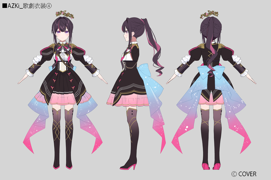 muto (n0sug4r), azki (departure) (hololive), azki (hololive), hololive, bilingual commentary, mixed-language commentary, official art, second-party source, translation request, 1girl, a-pose, back bow, black boots, black bow, black bowtie, black corset, black dress, boots, bow, bowtie, brown hair, center frills, closed mouth, colored inner hair, colored shoe soles, company name, copyright notice, corset, crown, double-parted bangs, dress, feather-trimmed cape, floating crown, frilled shirt collar, frills, full body, gold trim, grey background, hair between eyes, hair intakes, high heel boots, high heels, high ponytail, holding, jacket, juliet sleeves, layered skirt, long hair, long sleeves, looking at viewer, miniskirt, mole, mole under eye, multicolored hair, multiple views, official alternate costume, official alternate hairstyle, pink hair, pleated skirt, ponytail, puffy sleeves, purple eyes, reference sheet, shirt, sidelocks, simple background, skirt, straight-on, streaked hair, thigh boots, turnaround, virtual youtuber, white streaks