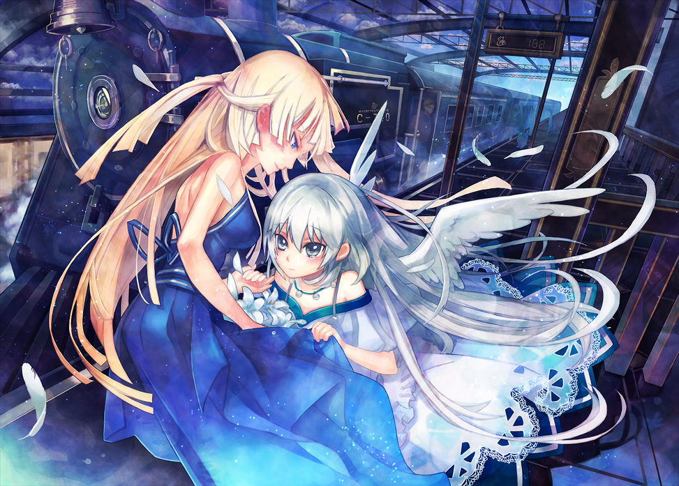 hachi404, original, silver hair, bad id, bad pixiv id, 2girls, angel wings, blonde hair, breasts, dress, flower, large breasts, long hair, multiple girls, railroad tracks, train, train station, very long hair, wings