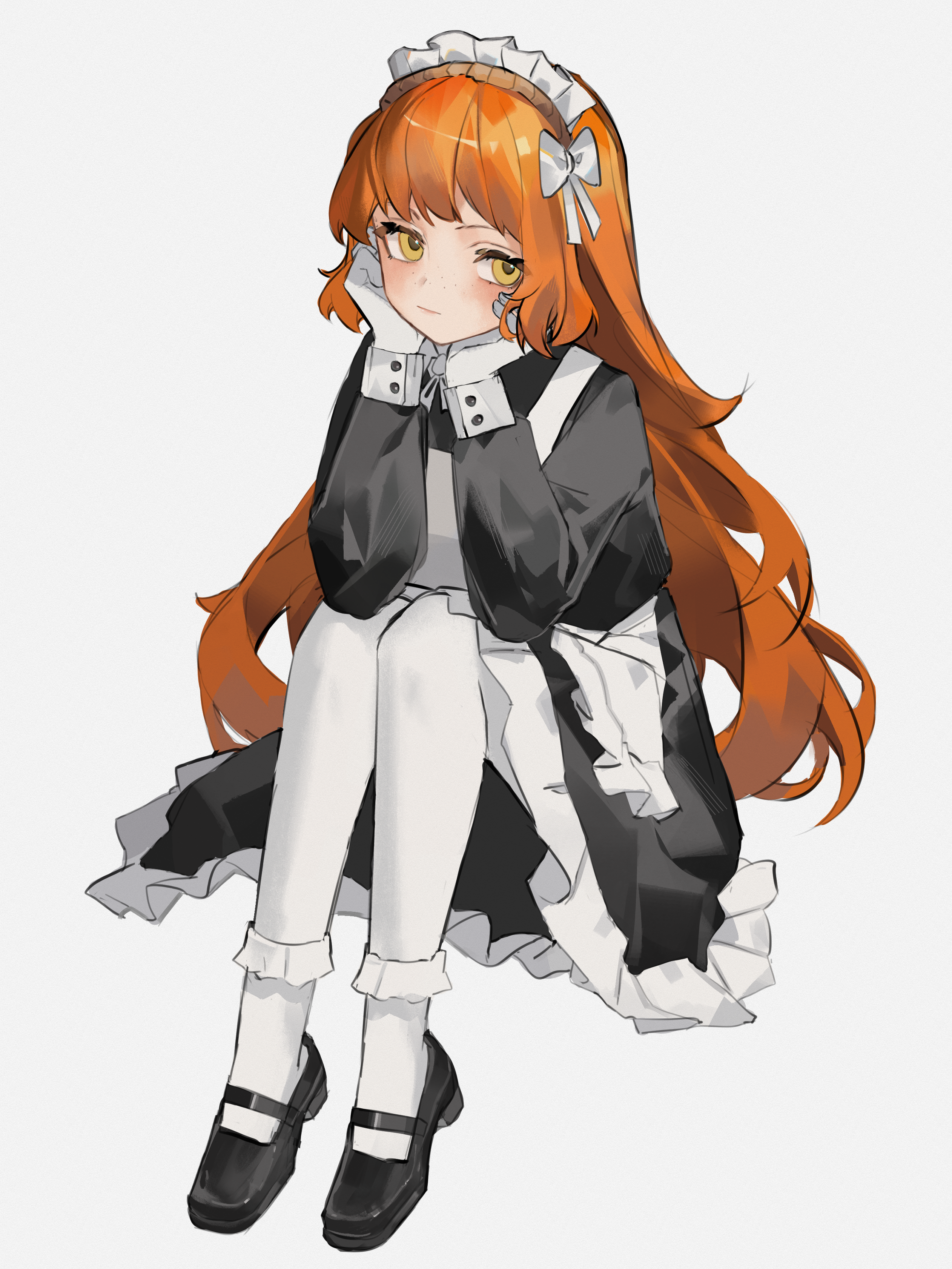 clynxen, ishmael (project moon), limbus company, project moon, absurdres, commentary, highres, 1girl, apron, arm support, black dress, black shoes, brown hairband, closed mouth, dress, frilled dress, frilled hairband, frills, gloves, hair ribbon, hairband, long hair, long sleeves, looking at viewer, maid, maid headdress, orange hair, pantyhose, ribbon, shoes, sitting, socks, white apron, white gloves, white pantyhose, white ribbon, white socks, yellow eyes