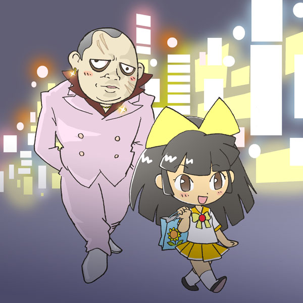 kabiinyo (kab), original, 1boy, 1girl, bag, black hair, bow, city lights, gradient background, lazy eye, scar, school uniform, shopping bag, wall-eyed, yakuza, you gonna get raped