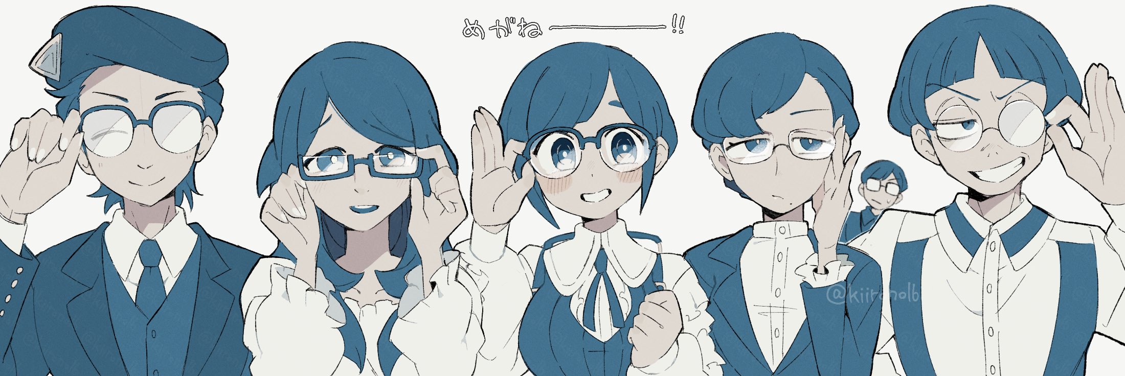 kiirono, fukurai azami, toshi densetsu kaitai center, commentary request, highres, 3boys, 3girls, adjusting eyewear, beret, blue hair, closed eyes, closed mouth, collared shirt, frilled shirt, frilled sleeves, frills, glasses, hand on eyewear, hat, jacket, kimura (toshi densetsu kaitai center), kisaragi tsutomu, kiyomoto (toshi densetsu kaitai center), long sleeves, looking at viewer, multiple boys, multiple girls, nakata (toshi densetsu kaitai center), neck ribbon, necktie, open mouth, ribbon, round eyewear, shirt, short hair, simple background, smile, tanihara kinoko, trait connection, upper body, white background