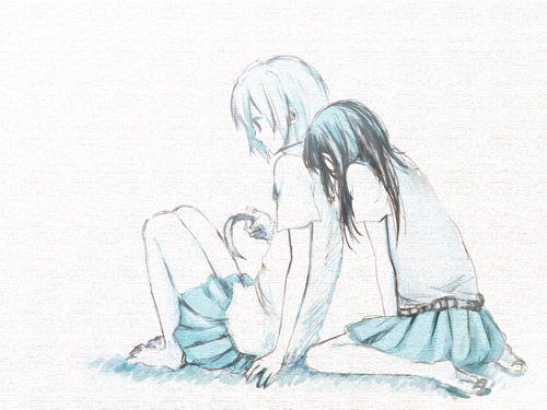 mina m, mochizuki mina, akiyama mio, tainaka ritsu, k-on!, bad id, bad pixiv id, lowres, 00s, 2girls, aqua theme, barefoot, feet, kneeling, monochrome, multiple girls, sitting, sketch, soles