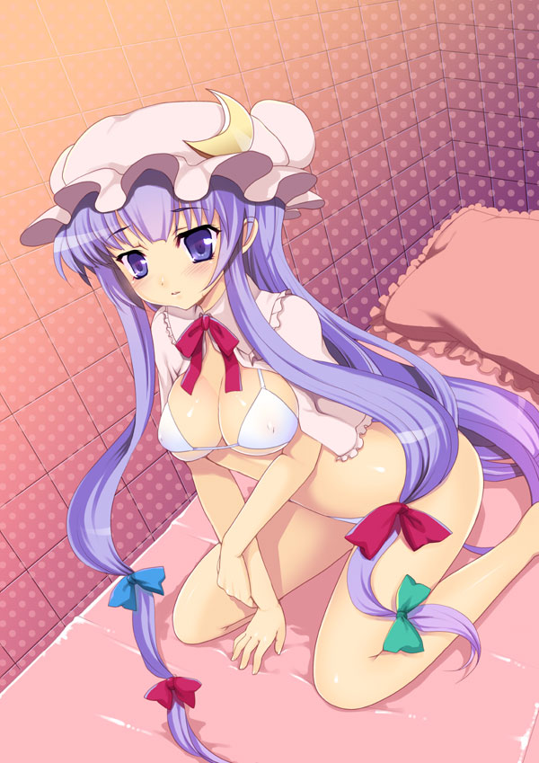 kumao mofumofu, patchouli knowledge, touhou, bad id, bad pixiv id, 1girl, bed, blush, bonnet, bow, bra, breasts, cleavage, covered erect nipples, crescent, female focus, frilled pillow, frills, hair bow, hat, kneeling, large breasts, lingerie, long hair, multiple hair bows, panties, pillow, purple eyes, purple hair, solo, underboob, underwear, very long hair, white panties