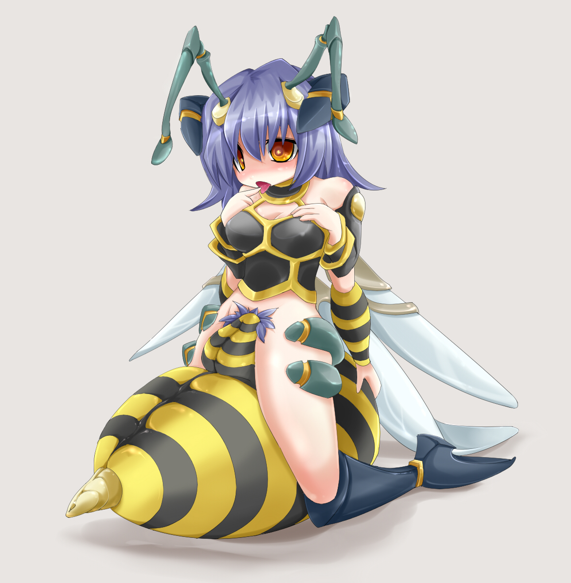 frfr, original, highres, 1girl, :p, antennae, arthropod girl, bee girl, between thighs, boots, bottomless, extra arms, female focus, female pubic hair, finger to mouth, insect girl, knee boots, kneeling, monster girl, multi limb, orange eyes, pubic hair, purple hair, short hair, solo, thighs, tongue, tongue out, wings
