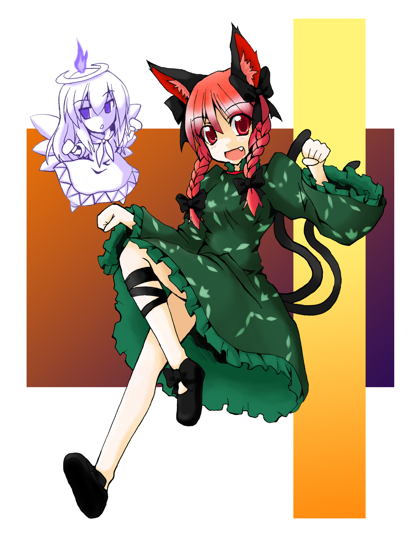 eku, kaenbyou rin, zombie fairy (touhou), touhou, bad id, bad pixiv id, highres, 2girls, animal ears, blush, braid, cat ears, cat girl, cat tail, fang, female focus, full body, multiple girls, multiple tails, paw pose, red eyes, red hair, tail, twin braids