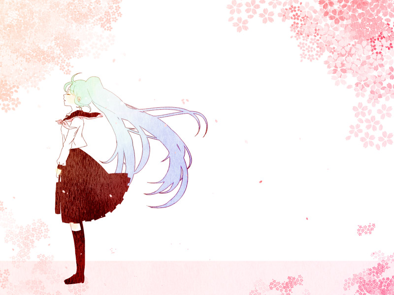 mina m, mochizuki mina, hatsune miku, vocaloid, 1girl, aqua hair, bag, black skirt, cherry blossoms, closed eyes, female focus, kneehighs, long hair, pleated skirt, school bag, school uniform, serafuku, simple background, skirt, socks, solo, twintails, very long hair, wind