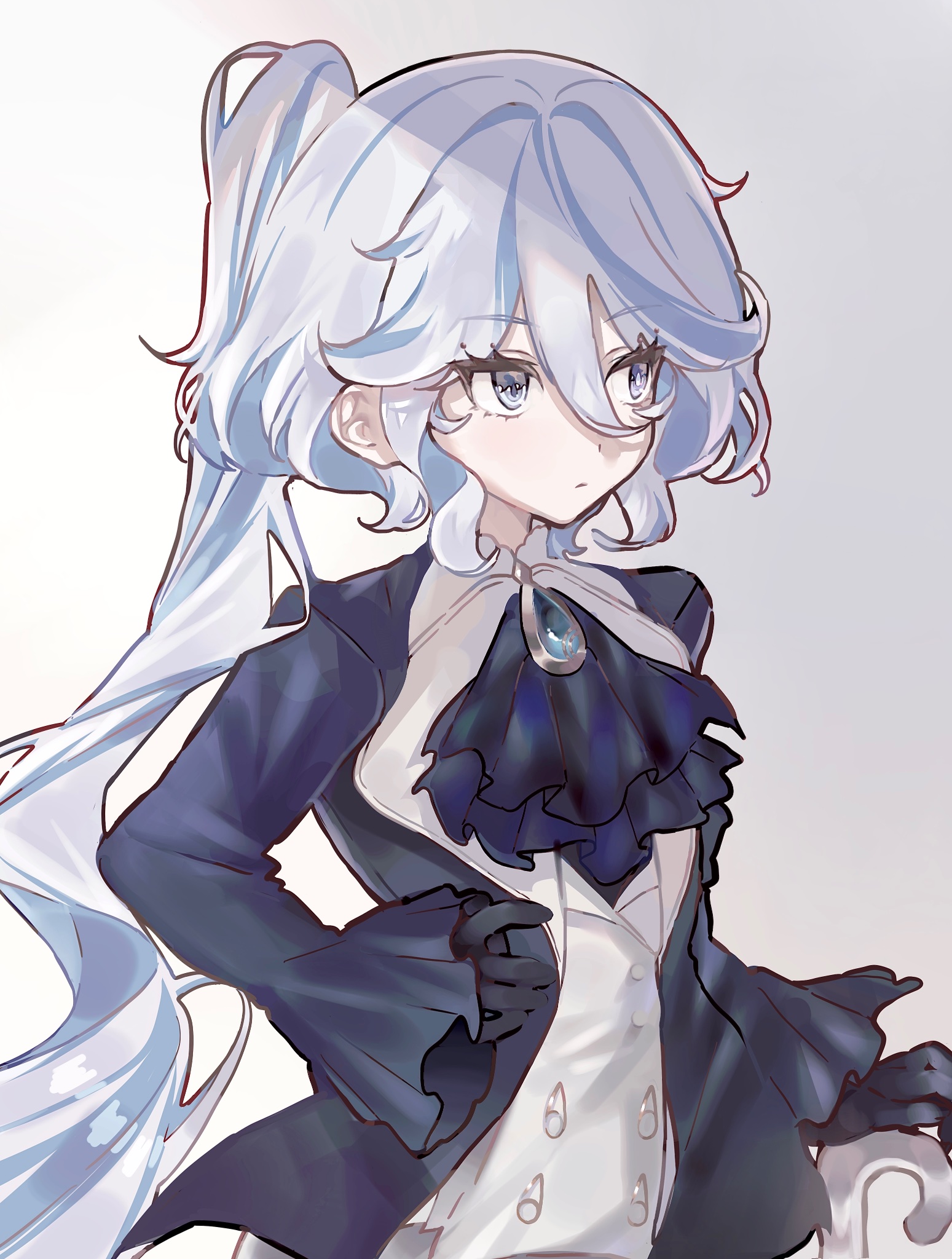 furina (genshin impact), genshin impact, commentary request, highres, 1girl, adapted costume, ahoge, alternate hairstyle, ascot, black gloves, blue ascot, blue eyes, blue gemstone, blue hair, blue jacket, drop-shaped pupils, eyelash ornament, gem, gloves, hair between eyes, haru 1un, jacket, long hair, multicolored hair, ponytail, simple background, solo, symbol-shaped pupils, vest, white background, white hair, white vest