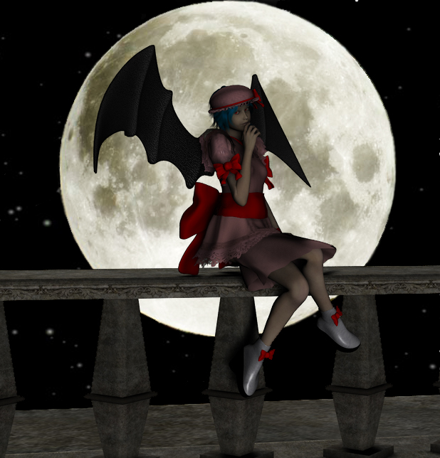 remilia scarlet, touhou, 1girl, 3d, bat wings, blue hair, bow, female focus, hat, moon, night, red eyes, ribbon, short hair, sitting, solo, vampire, wings
