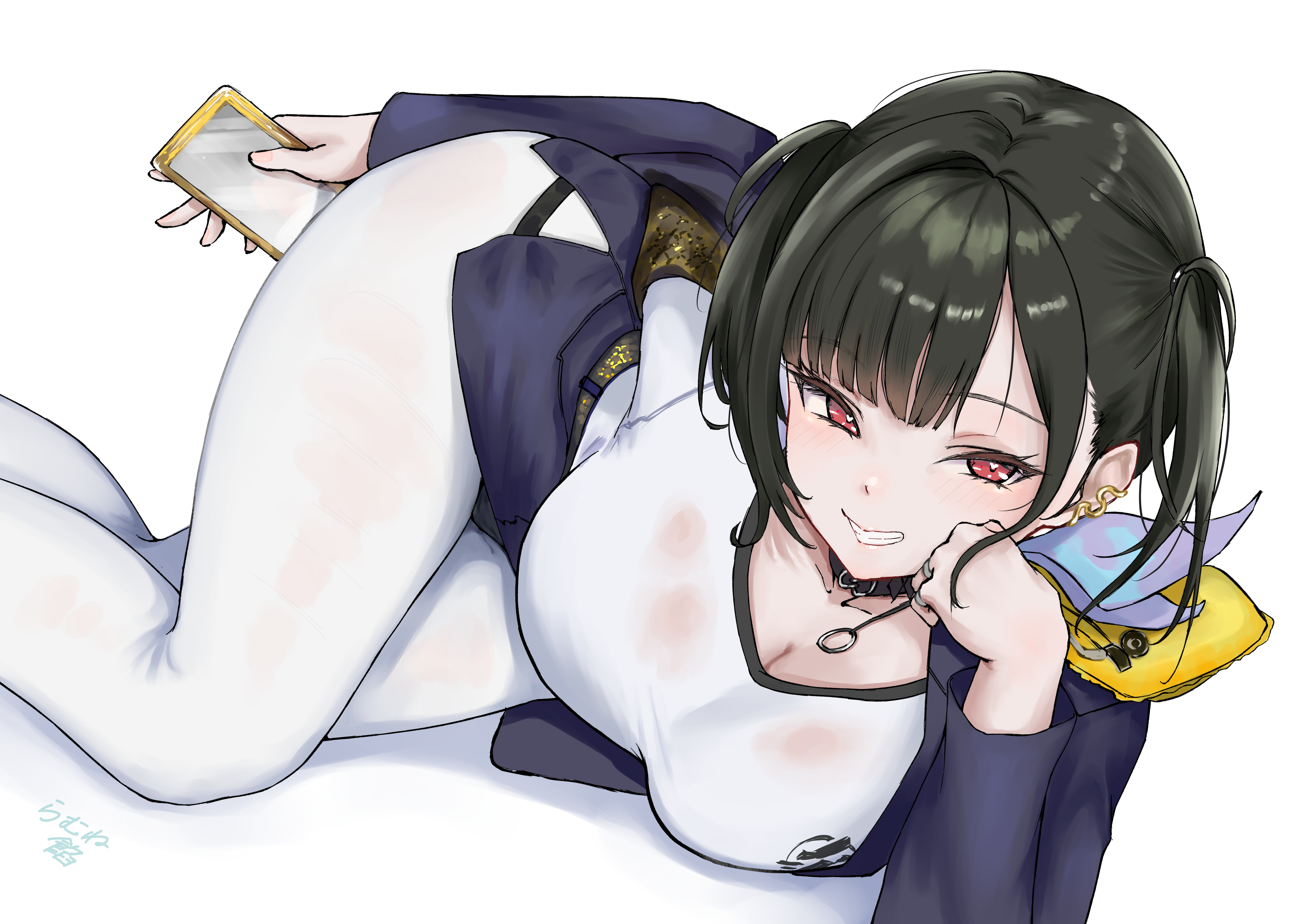 ramuneogura, sora (nikke), goddess of victory: nikke, absurdres, highres, 1girl, arm behind back, artist name, black choker, black hair, black panties, blue jacket, blue neckerchief, blue skirt, blunt bangs, blush, breasts, cellphone, choker, cleavage, earclip, feet out of frame, fingernails, grin, hand on own cheek, hand on own face, head rest, heart, heart-shaped pupils, holding, holding phone, jacket, jewelry, large breasts, looking at viewer, lying, medium hair, miniskirt, neckerchief, on side, open clothes, open jacket, panties, panties over pantyhose, pantyhose, parted lips, pencil skirt, pendant choker, phone, red eyes, ring, see-through clothes, see-through shirt, shirt, side slit, simple background, skirt, smartphone, smile, solo, symbol-shaped pupils, twintails, underwear, white background, white pantyhose, white shirt