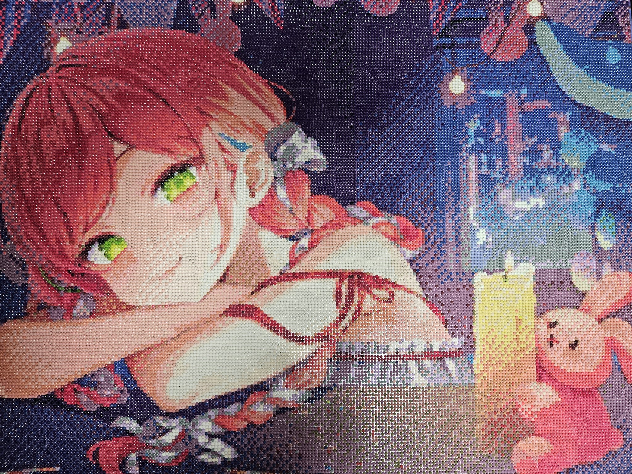 hanako nana, peto (hanako nana), stellive, commentary request, derivative work, highres, korean commentary, photo (medium), unconventional media, 1girl, arm pillow, arm ribbon, braid, candle, closed mouth, cropped shoulders, flower, green eyes, light bulb, long hair, looking at viewer, parted bangs, peto7790, pink hair, rabbit, red flower, red rose, ribbon, rose, smile, solo, virtual youtuber