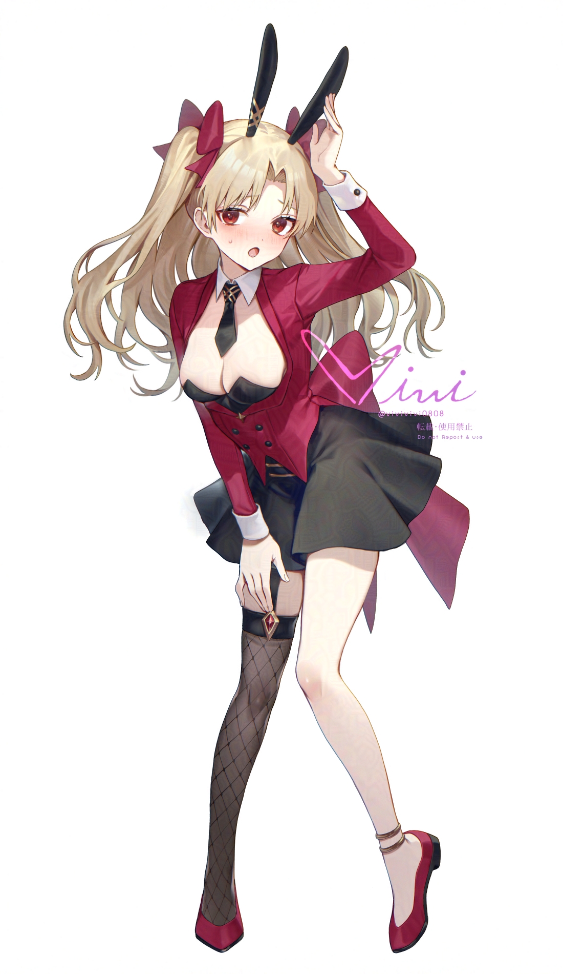 siiqa vivi, ereshkigal (fate), fate/grand order, fate (series), commentary request, highres, 1girl, animal ears, black skirt, blonde hair, blush, bow, breasts, cleavage, detached collar, fake animal ears, full body, hair bow, jacket, long hair, long sleeves, looking at viewer, medium breasts, necktie, open mouth, parted bangs, playboy bunny, rabbit ears, red eyes, red jacket, single thighhigh, skirt, solo, thighhighs, two side up