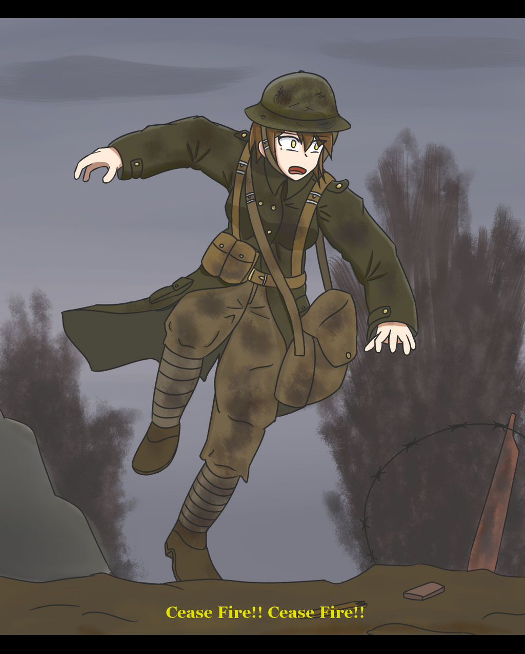 phenol r, original, 1girl, ammunition pouch, bag, barbed wire, belt, black frame, boots, braces, breasts, british army, brodie helmet, brown hair, cloud, cloudy sky, collared jacket, combat helmet, english text, epaulettes, explosion, grey sky, helmet, jacket, military, military combat uniform, military jacket, military uniform, open mouth, pouch, pouch bag, rock, sky, world war i, yellow eyes