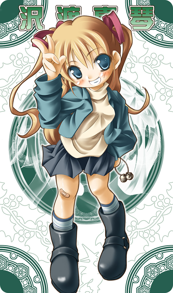 yamada yuuki (cmc strayfield), sawatari makoto, kanon, bad id, bad pixiv id, 1girl, bandaid, bandaid on knee, bandaid on leg, bell, blonde hair, blue eyes, blush, boots, female focus, full body, grin, hair ribbon, hand on own hip, hand up, hip focus, holly, jingle bell, long hair, orange hair, ribbon, smile, snowflakes, socks, solo, striped clothes, striped socks, twintails, v