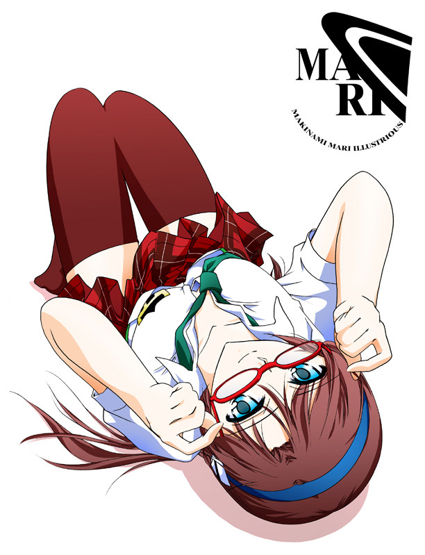 shizuki michiru, makinami mari illustrious, evangelion: 2.0 you can (not) advance, neon genesis evangelion, rebuild of evangelion, 00s, 1girl, adjusting eyewear, blue eyes, brown hair, female focus, glasses, hairband, holding, holding removed eyewear, lying, necktie, on back, plaid clothes, plaid skirt, skirt, smile, solo, thighhighs, unworn eyewear, upside-down, zettai ryouiki