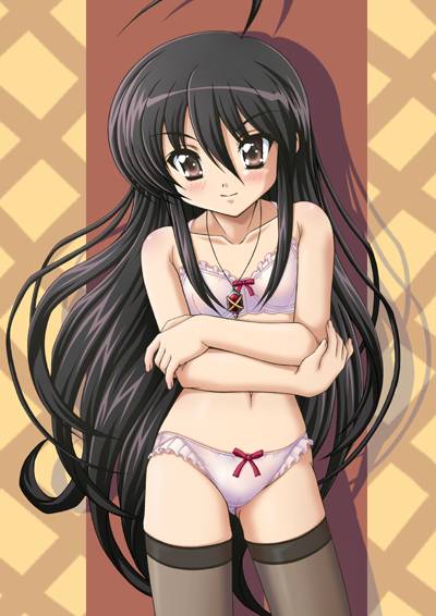 uninigumi, alastor (shakugan no shana), shana, shakugan no shana, 00s, 1girl, black hair, bra, brown eyes, female focus, frilled panties, frills, jewelry, lingerie, long hair, necklace, panties, pendant, solo, thighhighs, underwear, underwear only