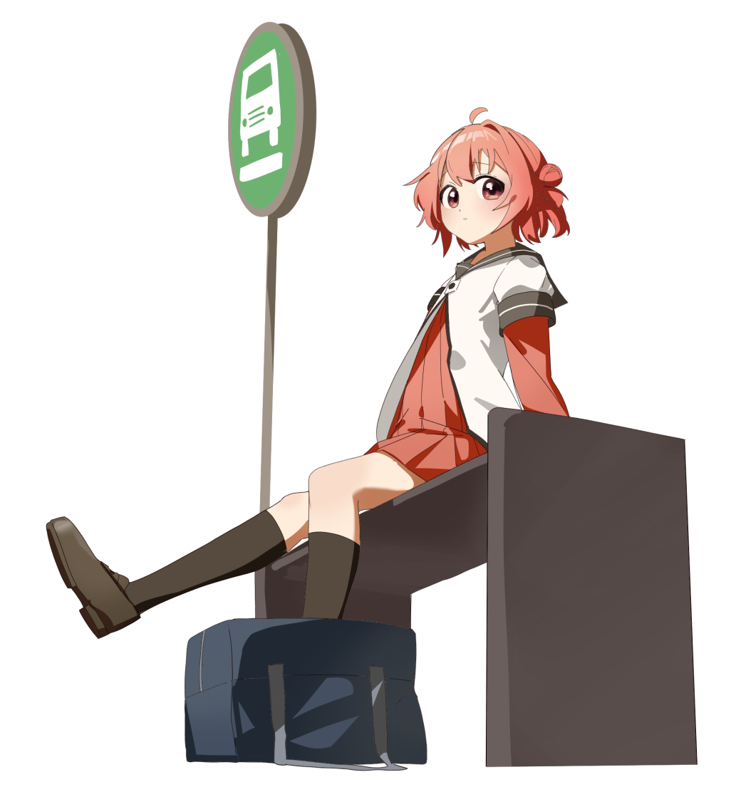 keibi inu, akaza akari, yuruyuri, 1girl, ahoge, black shoes, black socks, blue bag, brown sailor collar, bus stop, buttons, dress, expressionless, from below, hair bun, kneehighs, layered sleeves, loafers, long sleeves, looking at viewer, nanamori school uniform, on bench, one side up, pleated dress, purple eyes, red dress, red hair, sailor collar, sailor shirt, school uniform, shirt, shoes, short dress, short hair, short over long sleeves, short sleeves, simple background, sitting, socks, solo, twintails, white background, white shirt
