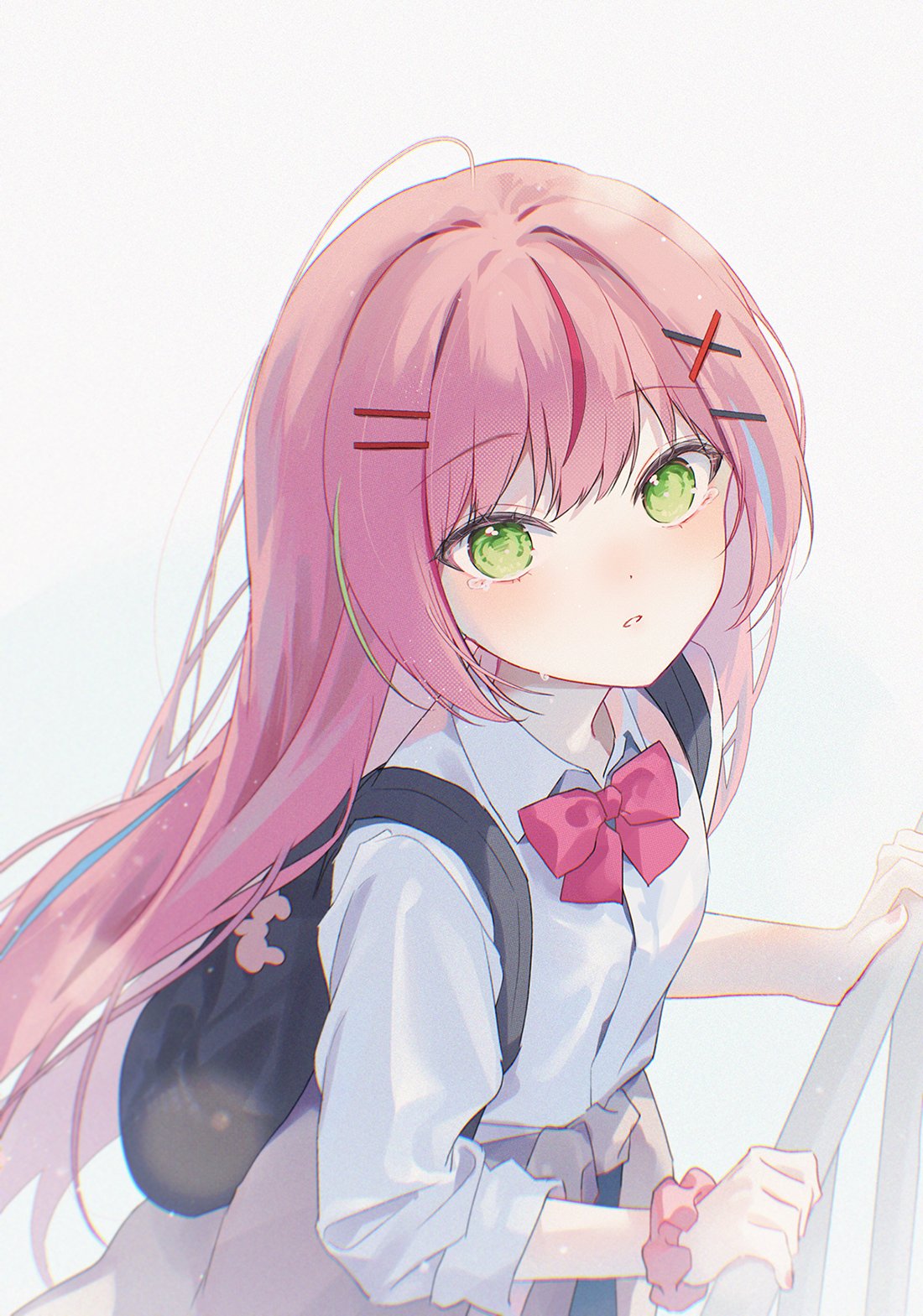 silltare, hanako nana, stellive, commentary request, highres, korean commentary, 1girl, backpack, bag, bloom, bow, bowtie, clothes around waist, cowboy shot, dot nose, from above, green eyes, hair ornament, hairclip, hand on railing, long hair, long sleeves, looking at viewer, looking up, multicolored hair, parallel hairclips, parted lips, pink bow, pink bowtie, pink hair, pink scrunchie, school uniform, scrunchie, shirt, simple background, solo, straight hair, streaked hair, tearing up, virtual youtuber, white background, white shirt, wrist scrunchie, x hair ornament