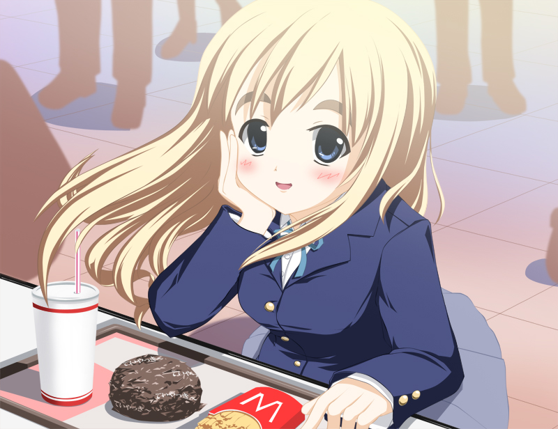morishi, kotobuki tsumugi, k-on!, 00s, 1girl, blonde hair, blue eyes, blush, burger, drink, female focus, food, french fries, long hair, school uniform, solo