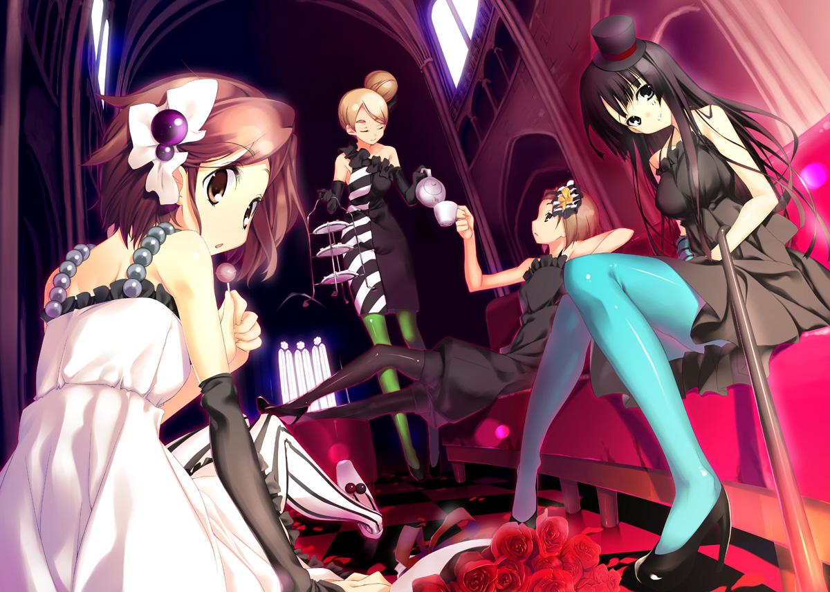 kagome (traumatize), akiyama mio, hirasawa yui, kotobuki tsumugi, tainaka ritsu, don't say "lazy", k-on!, black legwear, blue legwear, striped legwear, vertical-striped legwear, 00s, 4girls, aqua pantyhose, black eyes, black hair, blonde hair, brown eyes, brown hair, candy, cane, couch, cup, dress, elbow gloves, fisheye, flower, food, frills, gloves, green pantyhose, hair bun, hat, high heels, ho-kago tea time, legs, lollipop, long hair, multiple girls, pantyhose, rose, shoes, short hair, single hair bun, sitting, striped clothes, striped pantyhose, teapot, top hat, vertical-striped clothes, vertical-striped pantyhose