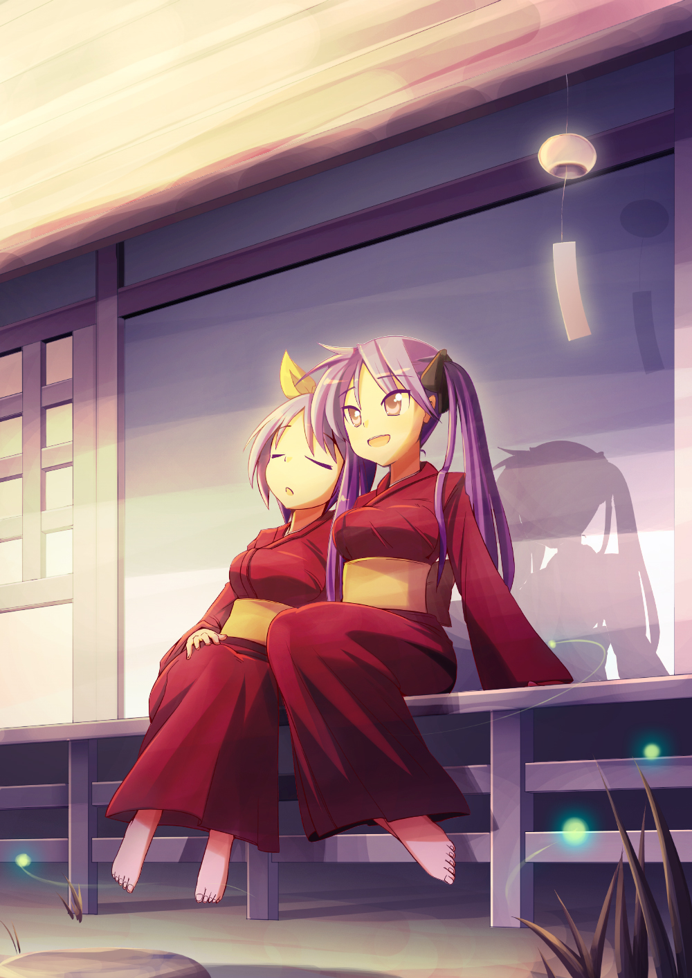 bon (moegomi), hiiragi kagami, hiiragi tsukasa, lucky star, highres, 00s, 2girls, barefoot, bow, bug, closed eyes, family bonding, feet, fireflies, firefly, hair bow, hair ribbon, insect, japanese clothes, kimono, long hair, multiple girls, open mouth, purple eyes, purple hair, ribbon, shadow, short hair, siblings, sisters, sitting, sleeping, sleeping upright, smile, tareme, tsurime, twins, twintails, veranda, wind chime, yukata