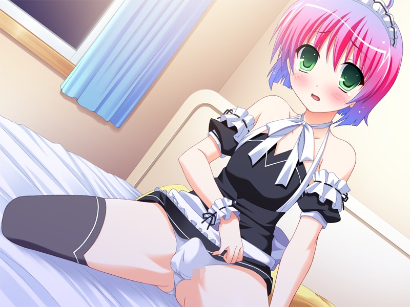 mizuki kotora, kawai kuu, tsuiteru, game cg, 1boy, androgynous, bare shoulders, black thighhighs, blush, bulge, censored, clothes lift, collarbone, crossdressing, crossdressing (mtf), dutch angle, erection, erection under clothes, gradient hair, green eyes, indoors, lifting own clothes, looking at viewer, maid, maid headdress, male focus, male maid, mosaic censoring, multicolored hair, neck ribbon, on bed, open mouth, panties, penis, penis in panties, pointless censoring, ribbon, short hair, shota, skirt, skirt lift, small penis, solo, spread legs, tears, thighhighs, thighs, trap, underwear, white panties, white ribbon, wrist cuffs