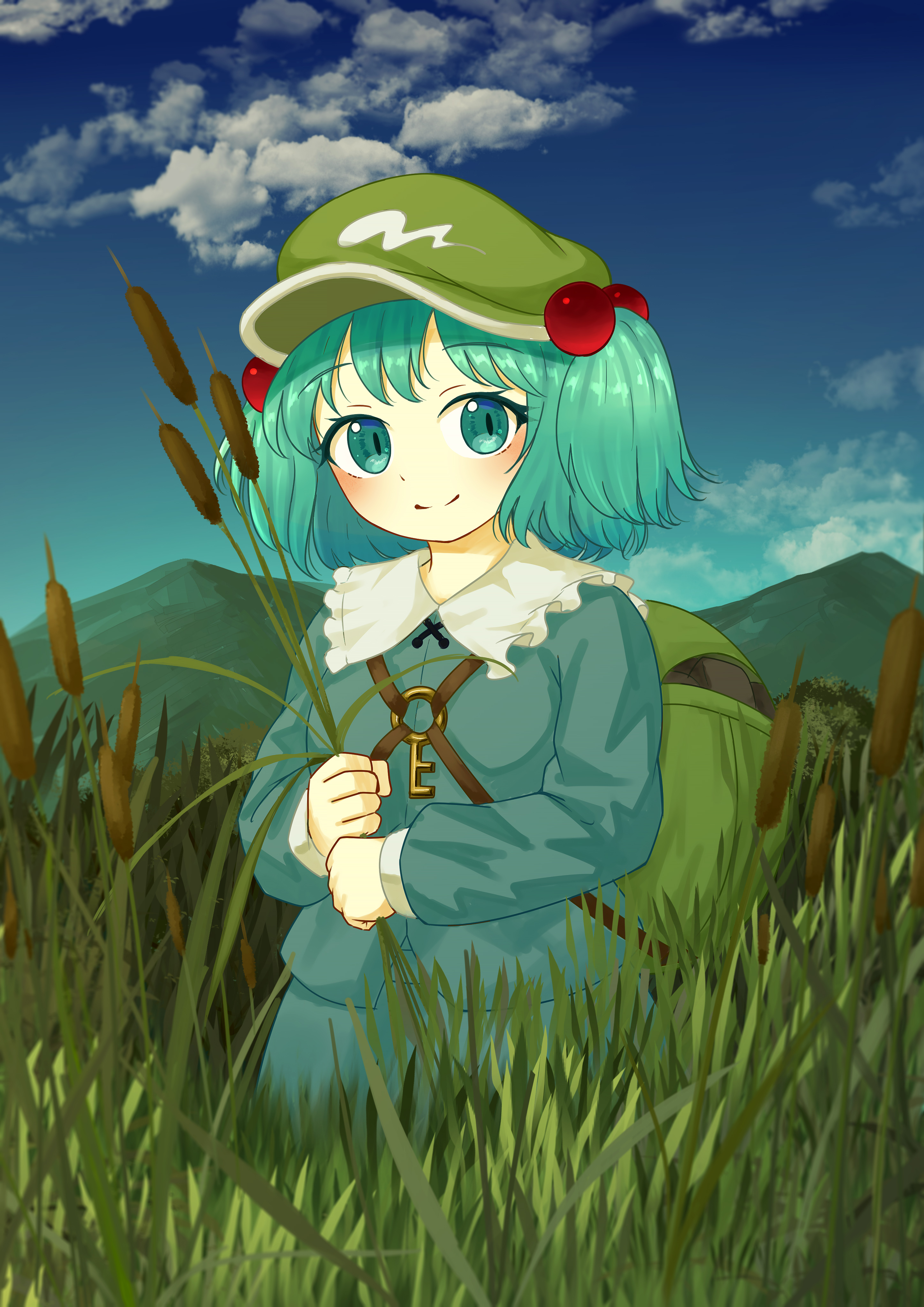 ekaapetto, kawashiro nitori, touhou, absurdres, commentary request, highres, making-of available, paid reward available, 1girl, backpack, bag, blue eyes, blue hair, blue skirt, blue sky, blush, cattail, closed mouth, cloud, collared shirt, day, frilled shirt collar, frills, grass, green bag, green hat, hair bobbles, hair ornament, hat, holding, holding plant, key, long sleeves, looking at viewer, outdoors, plant, shirt, skirt, sky, smile, solo, two side up