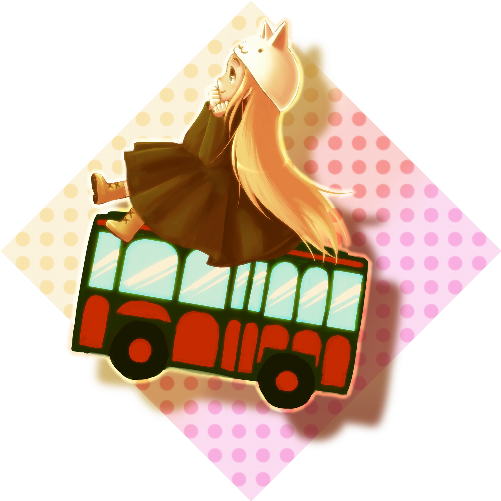 starcrown, megurine luka, megurine luka (toeto), toeto (vocaloid), vocaloid, vehicle, bad id, bad pixiv id, highres, :3, animal ears, animal hat, bus, cat ears, cat hat, hat, long hair, motor vehicle, solo, very long hair